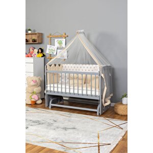 Ahşap Beşik Anne Yanı Beşik Gri 60x120 - Krem Nakış(kız) Uyku Seti + Yatak