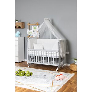 Ahşap Beşik Anne Yanı Beşik Gri 60x120 - Beyaz Güpür Uyku Seti + Yataklı + Tekerlekli