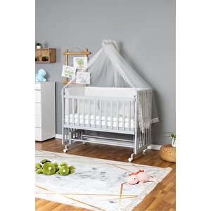 Ahşap Beşik Anne Yanı Beşik Gri 60x120 - Beyaz Güpür Uyku Seti + Yataklı + Tekerlekli