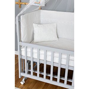 Ahşap Beşik Anne Yanı Beşik Gri 60x120 - Beyaz Güpür Uyku Seti + Yataklı + Tekerlekli