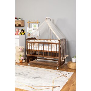 Ahşap Beşik Anne Yanı Beşik Ceviz 60x120 - Krem Beyaz Örgü Uyku Seti Seti + Yatak + Tekerlekli