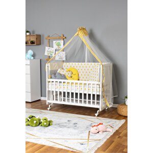 Ahşap Beşik Anne Yanı Beşik Beyaz 60x120 - Sarı Yıldız 3 Yastıklı Uyku Seti + Yataklı + Tekerlekli
