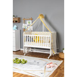 Ahşap Beşik Anne Yanı Beşik Beyaz 60x120 - Sarı Yıldız 3 Yastıklı Uyku Seti + Yataklı + Tekerlekli