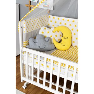 Ahşap Beşik Anne Yanı Beşik Beyaz 60x120 - Sarı Yıldız 3 Yastıklı Uyku Seti + Yataklı + Tekerlekli