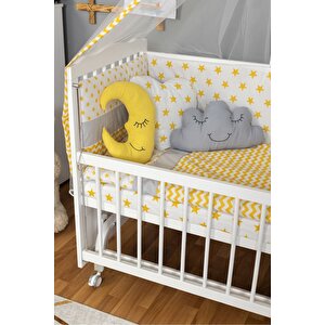 Ahşap Beşik Anne Yanı Beşik Beyaz 60x120 - Sarı Yıldız 3 Yastık Uyku Seti + Yatak + Tekerlekli