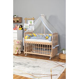 Ahşap Beşik Anne Yanı Beşik Organik 60x120 - Mavi Sarı Örgü Uyku Seti Seti + Yatak + Tekerlekli