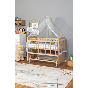 Ahşap Beşik Anne Yanı Beşik Organik 60x120 - Mavi Sarı Örgü Uyku Seti Seti + Yatak + Tekerlekli