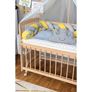 Ahşap Beşik Anne Yanı Beşik Organik 60x120 - Mavi Sarı Örgü Uyku Seti Seti + Yatak + Tekerlekli