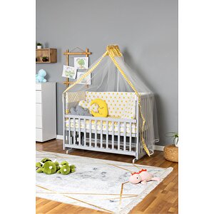 Ahşap Beşik Anne Yanı Beşik Gri 60x120 - Sarı Yıldız 3 Yastıklı Uyku Seti + Yataklı
