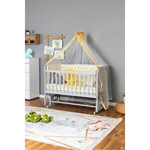 Ahşap Beşik Anne Yanı Beşik Gri 60x120 - Sarı Yıldız 3 Yastıklı Uyku Seti + Yataklı