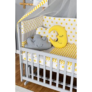 Ahşap Beşik Anne Yanı Beşik Gri 60x120 - Sarı Yıldız 3 Yastıklı Uyku Seti + Yataklı