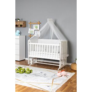Ahşap Beşik Anne Yanı Beşik Beyaz 70x130 - Beyaz Güpür Uyku Seti + Yataklı