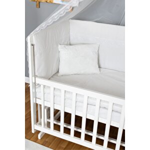 Ahşap Beşik Anne Yanı Beşik Beyaz 70x130 - Beyaz Güpür Uyku Seti + Yataklı