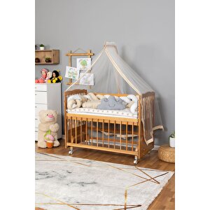 Ahşap Beşik Anne Yanı Beşik Vernikli 60x120 - Krem Beyaz Örgü Uyku Seti Seti + Yatak + Tekerlekli