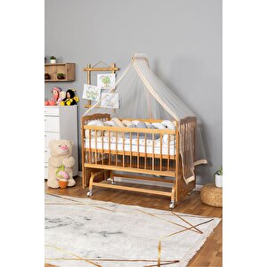Ahşap Beşik Anne Yanı Beşik Vernikli 60x120 - Krem Beyaz Örgü Uyku Seti Seti + Yatak + Tekerlekli