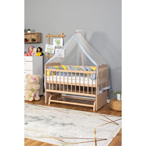 Ahşap Beşik Anne Yanı Beşik Organik 60x120 - Mavi Sarı Örgü Uyku Seti Seti + Yatak