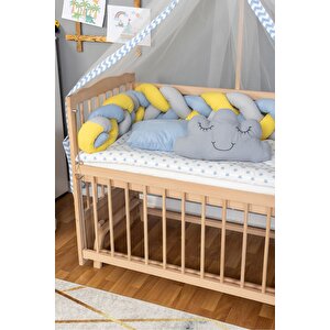 Ahşap Beşik Anne Yanı Beşik Organik 60x120 - Mavi Sarı Örgü Uyku Seti Seti + Yatak