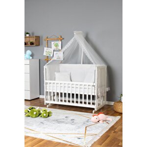Ahşap Beşik Anne Yanı Beşik Beyaz 60x120 - Beyaz Güpür Uyku Seti + Yataklı