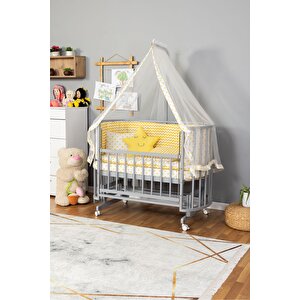 Ahşap Beşik Anne Yanı Beşik Gri 60x120 Sarı Yıldız Uyku Seti Yatak Tekerlekli