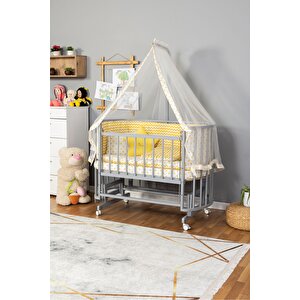 Ahşap Beşik Anne Yanı Beşik Gri 60x120 Sarı Yıldız Uyku Seti Yatak Tekerlekli