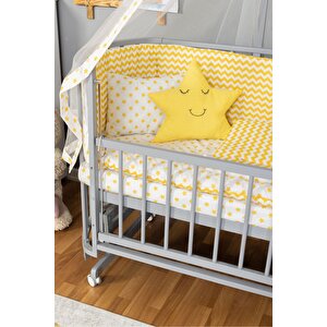 Ahşap Beşik Anne Yanı Beşik Gri 60x120 Sarı Yıldız Uyku Seti Yatak Tekerlekli