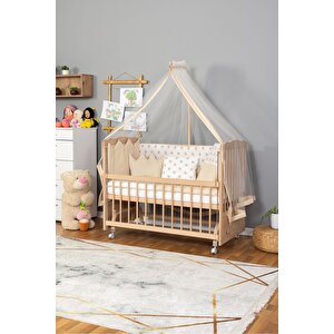 Ahşap Beşik Anne Yanı Beşik Organik(boyasız) 60x120-krem Nakış(yazısız) Uyku Seti + Yatak+tekerlekli