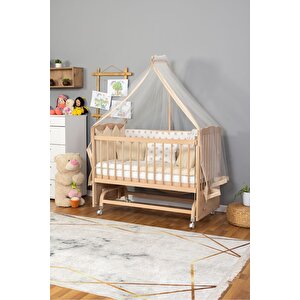 Ahşap Beşik Anne Yanı Beşik Organik(boyasız) 60x120-krem Nakış(yazısız) Uyku Seti + Yatak+tekerlekli
