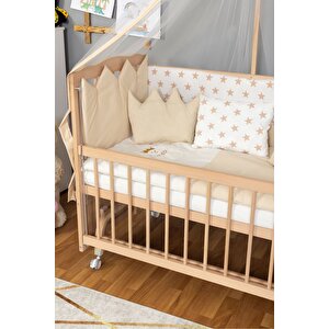 Ahşap Beşik Anne Yanı Beşik Organik(boyasız) 60x120-krem Nakış(yazısız) Uyku Seti + Yatak+tekerlekli