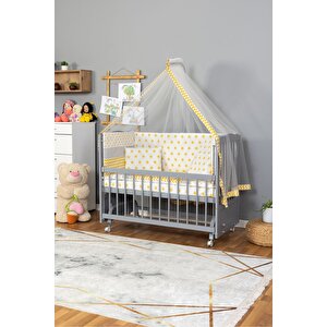Ahşap Beşik Anne Yanı Beşik Gri 60x120 - Sarı Yıldız Tek Yastık Uyku Seti + Yatak + Tekerlekli