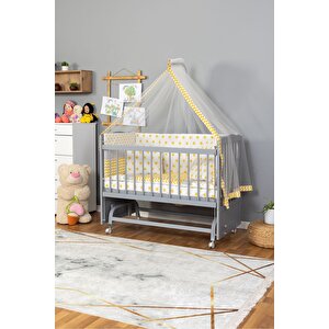 Ahşap Beşik Anne Yanı Beşik Gri 60x120 - Sarı Yıldız Tek Yastık Uyku Seti + Yatak + Tekerlekli
