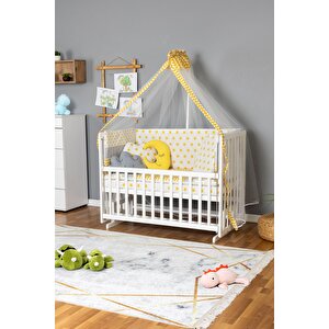 Ahşap Beşik Anne Yanı Beşik Beyaz 70x130 - Sarı Yıldız 3 Yastıklı Uyku Seti + Yataklı