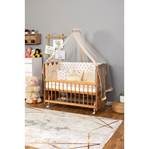 Ahşap Beşik Anne Yanı Beşik Doğal (verni̇kli̇) 60x120 Krem Prens Uyku Seti Yatak Tekerlekli