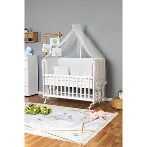 Ahşap Beşik Anne Yanı Beşik Beyaz 70x130 - Beyaz Güpür Uyku Seti + Yataklı + Tekerlekli