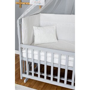 Ahşap Beşik Anne Yanı Beşik Gri 60x120 - Beyaz Güpür Uyku Seti + Yataklı