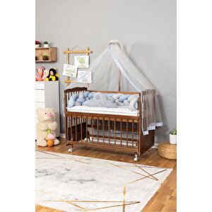 Ahşap Beşik Anne Yanı Beşik Ceviz 60x120 - Mavi Gri Örgü Uyku Seti Seti + Yatak + Tekerlekli