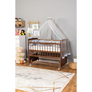 Ahşap Beşik Anne Yanı Beşik Ceviz 60x120 - Mavi Gri Örgü Uyku Seti Seti + Yatak + Tekerlekli