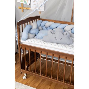 Ahşap Beşik Anne Yanı Beşik Ceviz 60x120 - Mavi Gri Örgü Uyku Seti Seti + Yatak + Tekerlekli