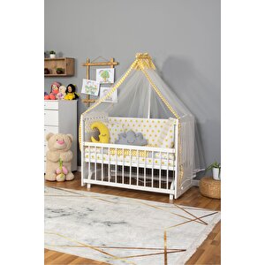 Ahşap Beşik Anne Yanı Beşik Beyaz 60x120 - Sarı Yıldız 3 Yastık Uyku Seti + Yatak