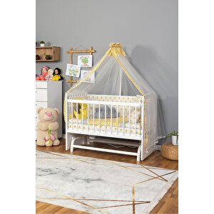 Ahşap Beşik Anne Yanı Beşik Beyaz 60x120 - Sarı Yıldız 3 Yastık Uyku Seti + Yatak
