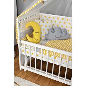 Ahşap Beşik Anne Yanı Beşik Beyaz 60x120 - Sarı Yıldız 3 Yastık Uyku Seti + Yatak