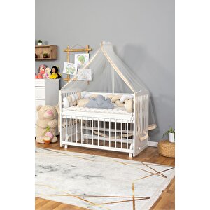 Ahşap Beşik Anne Yanı Beşik Beyaz 60x120 - Krem Beyaz Örgü Uyku Seti Seti + Yatak