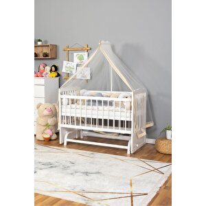 Ahşap Beşik Anne Yanı Beşik Beyaz 60x120 - Krem Beyaz Örgü Uyku Seti Seti + Yatak