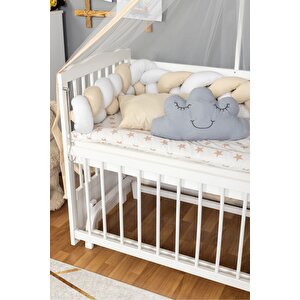 Ahşap Beşik Anne Yanı Beşik Beyaz 60x120 - Krem Beyaz Örgü Uyku Seti Seti + Yatak