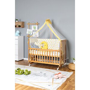 Ahşap Beşik Anne Yanı Beşik Vernikli 60x120 - Sarı Yıldız 3 Yastıklı Uyku Seti + Yataklı+tekerlekli