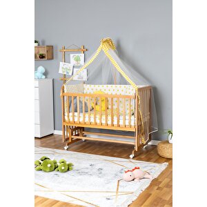 Ahşap Beşik Anne Yanı Beşik Vernikli 60x120 - Sarı Yıldız 3 Yastıklı Uyku Seti + Yataklı+tekerlekli