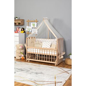 Ahşap Beşik Anne Yanı Beşik Organik (boyasiz) 60x120 - Krem Prens (erkek) Uyku Seti Yatak
