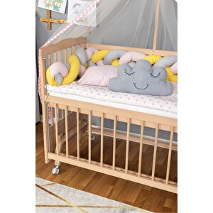 Ahşap Beşik Anne Yanı Beşik Organik 60x120 - Pembe Sarı Örgü Uyku Seti Seti + Yatak + Tekerlekli
