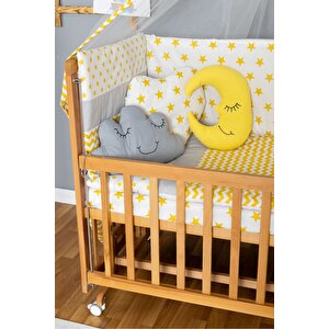 Ahşap Beşik Anne Yanı Beşik Vernikli 70x130 - Sarı Yıldız 3 Yastıklı Uyku Seti + Yataklı+tekerlekli