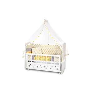 Ahşap Beşik Anne Yanı Beşik Beyaz 60x120 Sarı Yıldız Tek Yastıklı Uyku Seti Yatak