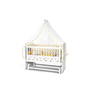 Ahşap Beşik Anne Yanı Beşik Beyaz 60x120 Sarı Yıldız Tek Yastıklı Uyku Seti Yatak